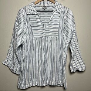 Ivy Jane Women 100% Linen Top Medium White Stripe Popover 3/4 Sleeve Coastal